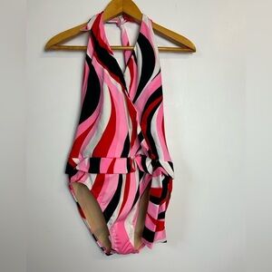 Shape FX Pink Red Black Swirl One-Piece Halter Swimsuit